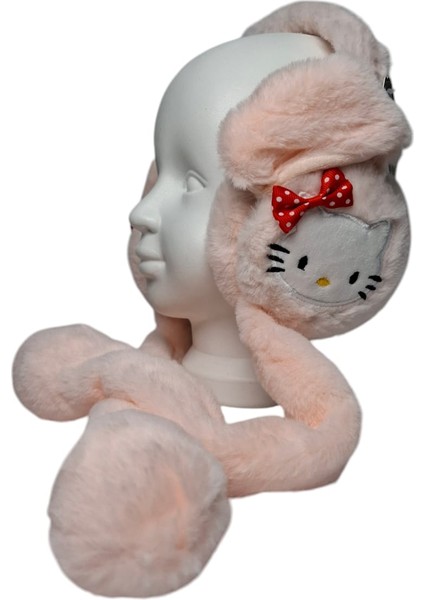 Kız Çocuk Pembe Renk Hello Kitty Figürlü Pompalı ve Sesli Oynar Kulak Kışlık Peluş Kulaklık