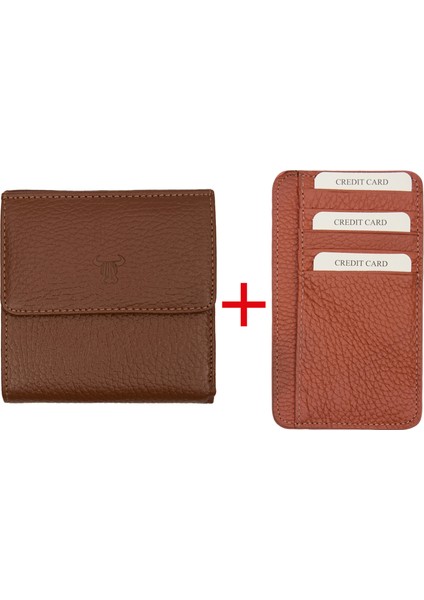 Kahverengi Bozuk Para Gözlü Deri Mini Unisex Cüzdan Kartlık Hediyeli
