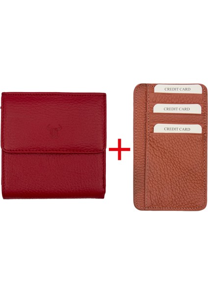 Kırmızı Bozuk Para Gözlü Deri Mini Unisex Cüzdan Kartlık Hediyeli