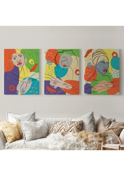 - Pop Art Afrika Kadın Renkli Portre 3 Lü Duvar Tablo Seti -Ag-7