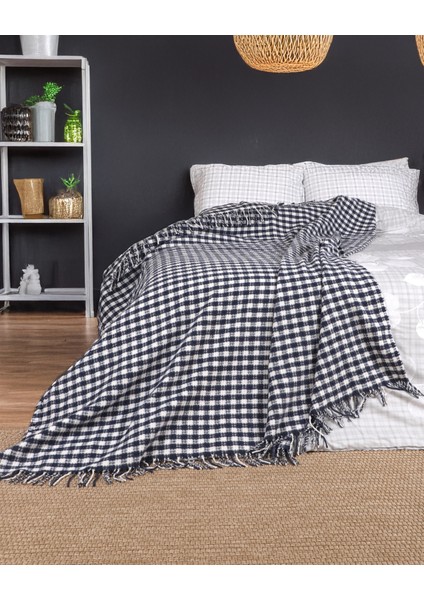 Pamuklu Battaniye Saçaklı Damalı Desen Çift Kişilik 180 x 220 cm