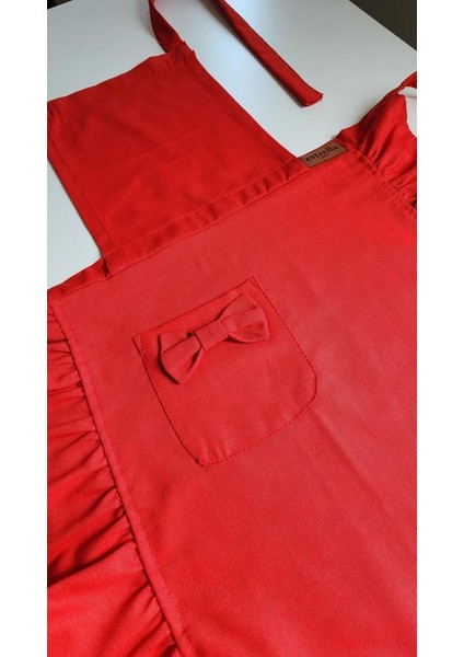 Keten Fırfırlı Bohem Mutfak Önlüğü Kırmızı fırsatları