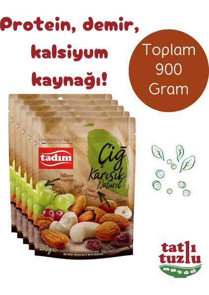 Çiğ Karışık Kuruyemiş Naturel 180 gr * 5 Kilitli Paket (900 Gr)