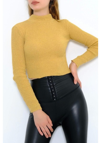 Crop Yarım Balıkçı Yaka Triko Hardal Dar Kalıp Slimfit Yeni Sezon