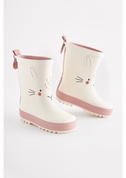Beyaz Tavşan Desenli Su Geçirmez Yağmur Çizmesi/ Bot