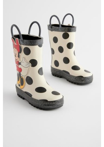 Siyah Beyaz - Minnie Mouse Desenli Su Geçirmaz Yağmur Botu / Çizme