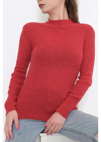 Casual Kadın Triko Yarım Balıkçı Yaka Kırmızı Dar Kalıp Slimfit Yeni Sezon