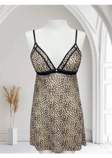 Leopar Desenli Ip Askılı V Yaka Dekolteli Likralı Transparan Gecelik