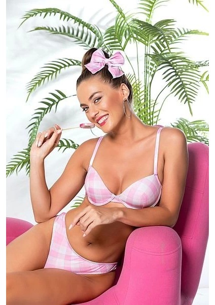 32081 Ekose Desenli Hafif Destekli Sütyen ve Slip Takım