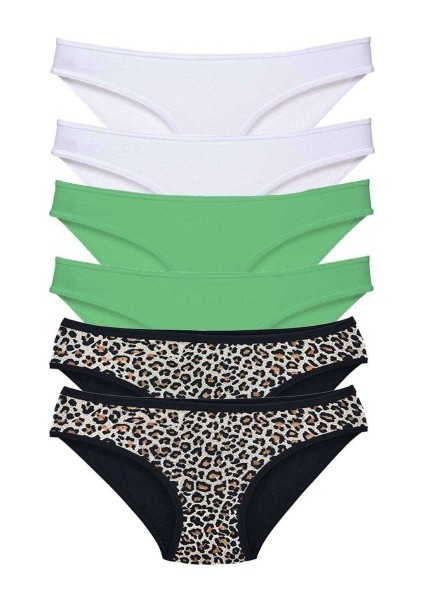 6 Adet Likralı Kadın Slip Külot Leopar Beyaz Yeşil