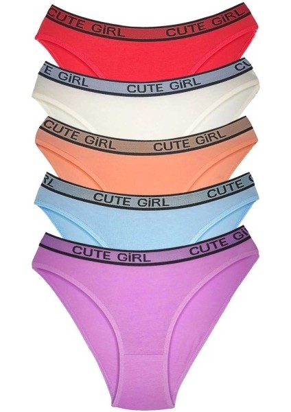 5 Adet Beli Yazılı Pamuklu Kalın Lastik Kadın Slip Külot