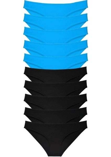 10 Adet Eko Set Likralı Kadın Slip Külot Siyah Mavi
