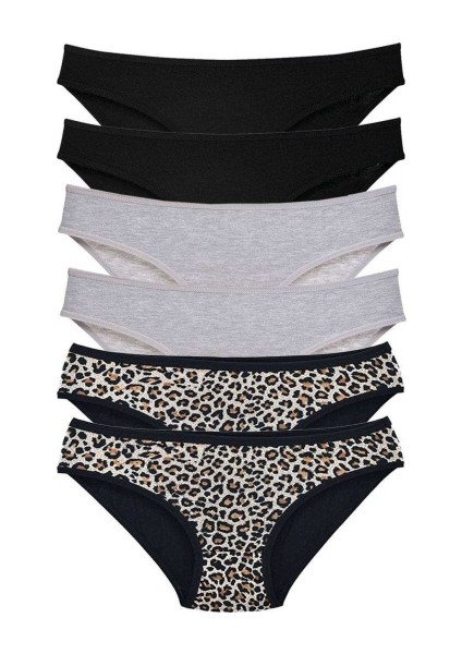 6 Adet Likralı Kadın Slip Külot Leopar Siyah Gri