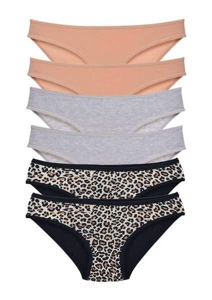 6 Adet Likralı Kadın Slip Külot Leopar Ten Gri