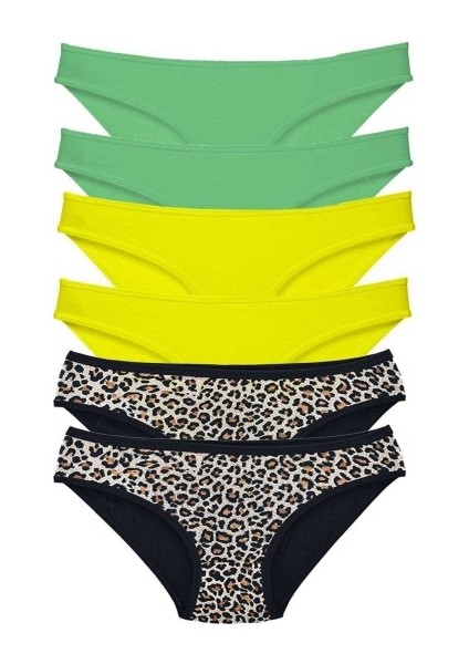 6 Adet Likralı Kadın Slip Külot Leopar Yeşil Sarı