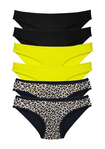 6 Adet Likralı Kadın Slip Külot Leopar Siyah Sarı