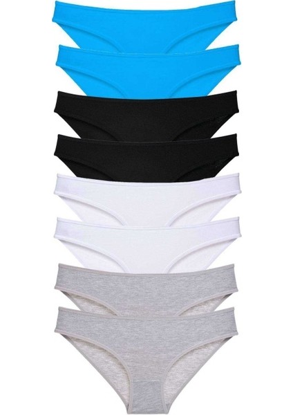 8 Adet Süper Eko Set Likralı Kadın Slip Külot Siyah Gri Beyaz Mavi