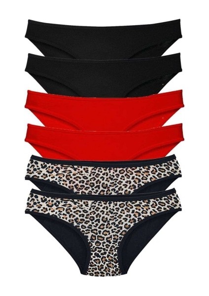 6 Adet Özel Set Likralı Yumuşak Dokulu Kadın Slip Külot Leopar Siyah Kırmızı
