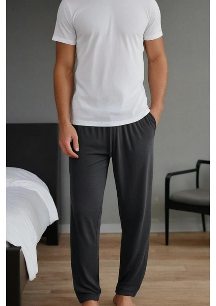 %100 Pamuk Premium Kumaş Erkek Pijama Altı Relax Fit Beli Ipli Cepli Lastikli Terletmez Esnek Antrasit Rahat Kesim Nefes Alan Regular Eşofman