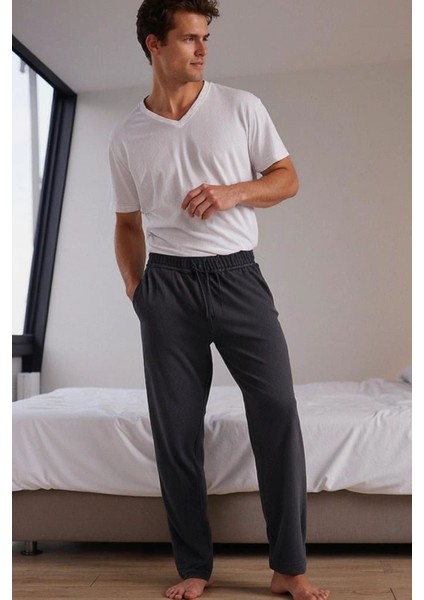 %100 Pamuk Premium Kumaş Erkek Pijama Altı Relax Fit Beli Ipli Cepli Lastikli Terletmez Esnek Antrasit Rahat Kesim Nefes Alan Regular Eşofman