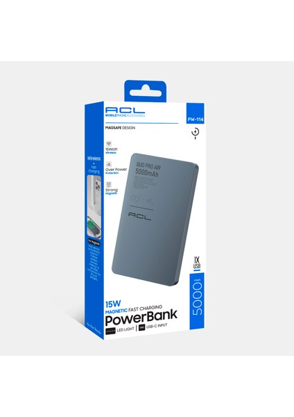 PW-114 15W Magsafe Uyumlu Kablosuz Manyetik Powerbank | 5000mAh Hızlı Şarj | LED Göstergeli Taşınabilir Şarj Cihazı