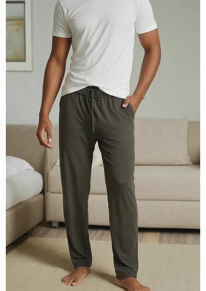 %100 Pamuk Premium Kumaş Erkek Pijama Altı Relax Fit Beli Ipli Cepli Lastikli Terletmez Esnek Haki Rahat Kesim Nefes Alan Regular Eşofman