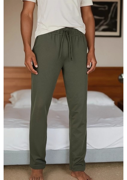 %100 Pamuk Premium Kumaş Erkek Pijama Altı Relax Fit Beli Ipli Cepli Lastikli Terletmez Esnek Haki Rahat Kesim Nefes Alan Regular Eşofman
