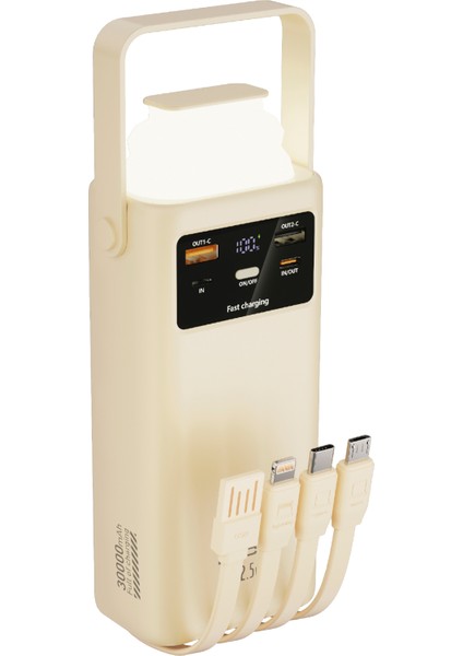 PW-112 22.5W Outdoor Hızlı Şarj Powerbank Beyaz – 30.000mAh Kapasite, Çoklu USB Çıkış, Dahili Kablolar, LED Ekran & Kamp Lambası