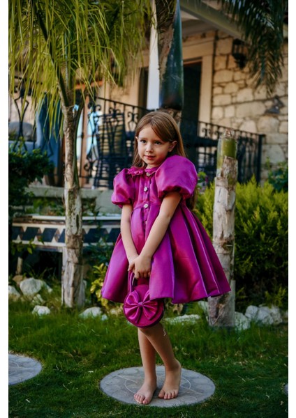 Kız Çocuk Özel Gün Kısa Abiye Elbise - Düğmeli Özel Tasarım ve Çanta AKSESUARLI_M2445