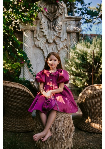 Kız Çocuk Özel Gün Kısa Abiye Elbise - Düğmeli Özel Tasarım ve Çanta AKSESUARLI_M2445 fiyatları