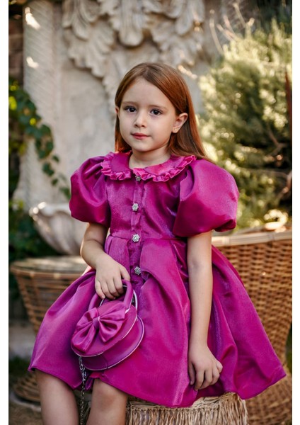 Kız Çocuk Özel Gün Kısa Abiye Elbise - Düğmeli Özel Tasarım ve Çanta AKSESUARLI_M2445 modelleri