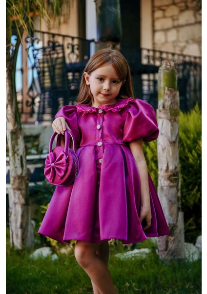 Kız Çocuk Özel Gün Kısa Abiye Elbise - Düğmeli Özel Tasarım ve Çanta AKSESUARLI_M2445 fırsatları