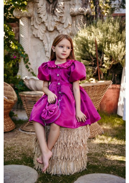 Kız Çocuk Özel Gün Kısa Abiye Elbise - Düğmeli Özel Tasarım ve Çanta AKSESUARLI_M2445 indirimleri