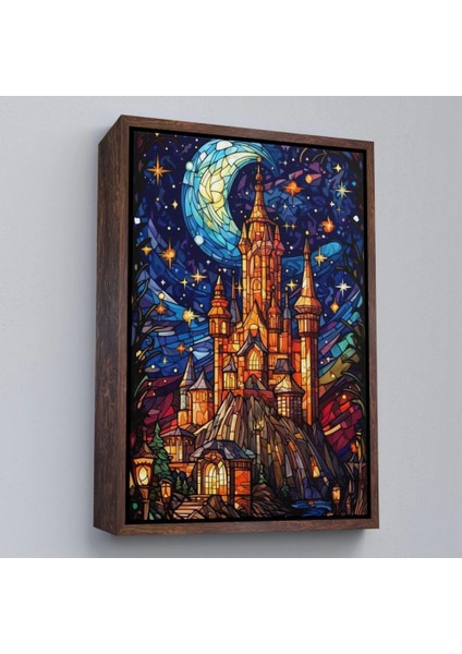 - Çerçeveli Modern Peri Masalı Kanaviçe Vitray Kale TABLOSU-7983