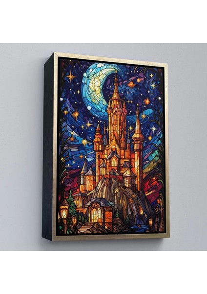 - Çerçeveli Modern Peri Masalı Kanaviçe Vitray Kale TABLOSU-7983