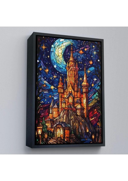 - Çerçeveli Modern Peri Masalı Kanaviçe Vitray Kale TABLOSU-7983