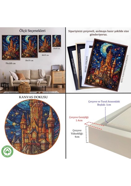 - Çerçeveli Modern Peri Masalı Kanaviçe Vitray Kale TABLOSU-7983