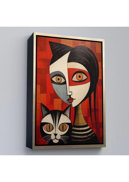 - Çerçeveli Pablo Picasso Tarzı - Soyut Renkli Kadın ve KEDITABLO-7376