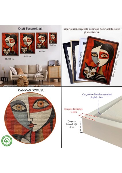 - Çerçeveli Pablo Picasso Tarzı - Soyut Renkli Kadın ve KEDITABLO-7376