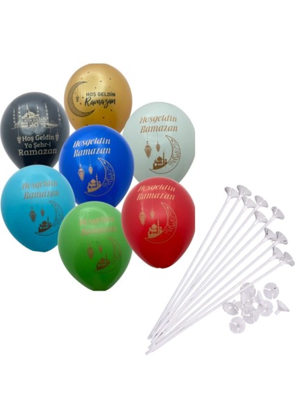 10 Adet Hoş Geldin Ramazan Yazılı Kaliteli 30 cm Helyum Uyumlu Balon ve 10 Adet Balon Çubuğu