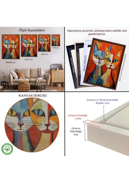 - Çerçeveli Pablo Picasso Tarzı - Soyut Renkli Kediler TABLO-7369