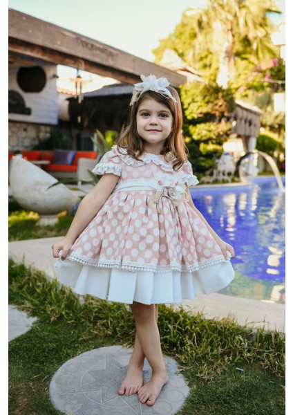 Kız Çocuk Kısa Vintage Elbise - Fermuarlı, Özel Tasarım - AKSESUARLI_M2407