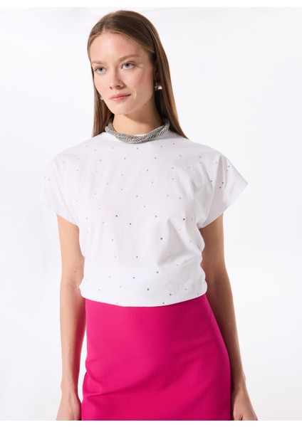 Bisiklet Yaka Taşlı Kırık Beyaz Kadın T-Shirt F5SL-TST0178
