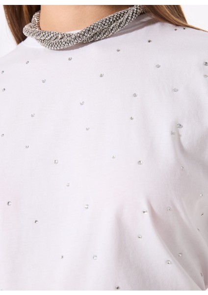 Bisiklet Yaka Taşlı Kırık Beyaz Kadın T-Shirt F5SL-TST0178 fırsatları