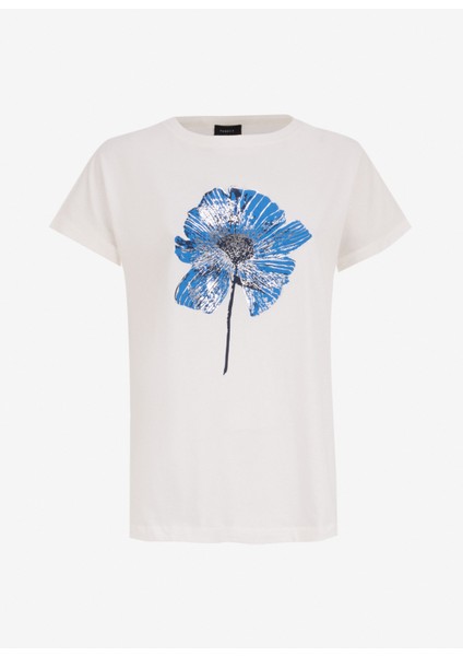 Bisiklet Yaka Baskılı Kırık Beyaz Kadın T-Shirt FC5SL-TST0376