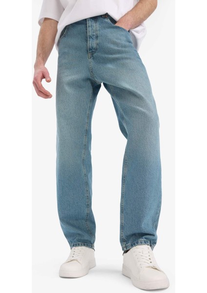 %100 Pamuk Baggy Fit Geniş Kalıp Normal Bel Geniş Paça Soluk Efektli Jean Pantolon D7279AX25SP