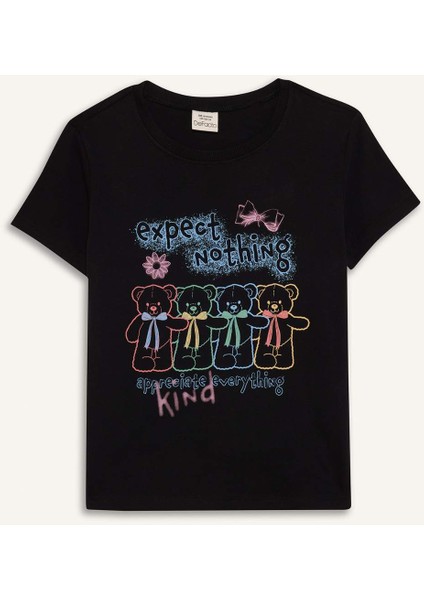 Kız Çocuk Bisiklet Yaka Anime Baskılı Kısa Kollu Tişört