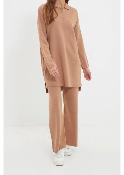 Moda Triko Yüksek Bel Düz Polo Yaka Düşük Kol Casual Günlük Polo Yaka Tunik-Pantolon Triko Takım
