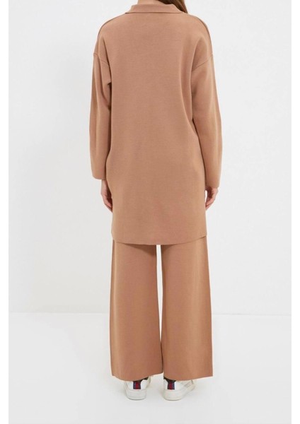 Moda Triko Yüksek Bel Düz Polo Yaka Düşük Kol Casual Günlük Polo Yaka Tunik-Pantolon Triko Takım indirimleri