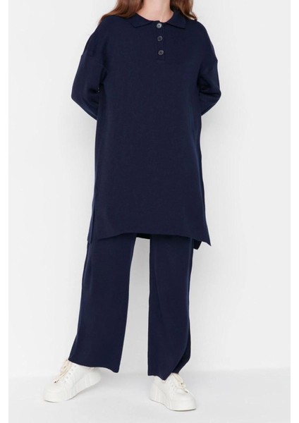 Moda Triko Yüksek Bel Düz Polo Yaka Düşük Kol Casual Günlük Polo Yaka Tunik-Pantolon Triko Takım